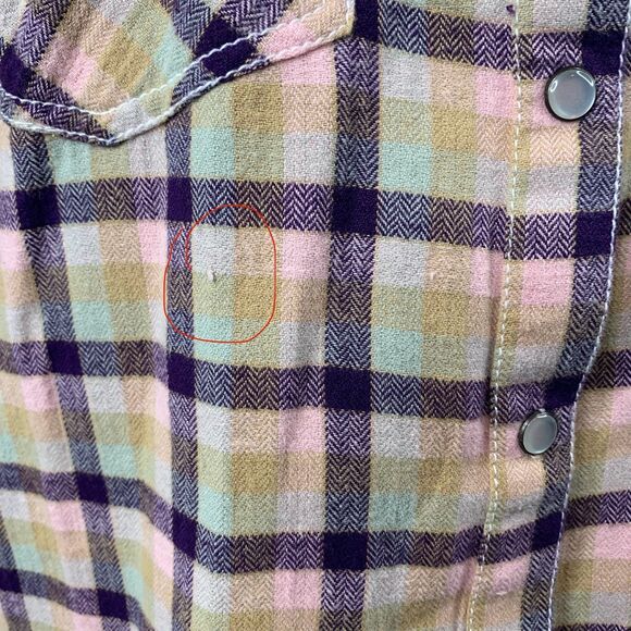 Sundance Pearl Snap Buttons Plaid L/S Shirt Purple Pink Puff Shoulder Sz M - Picture 3 of 7